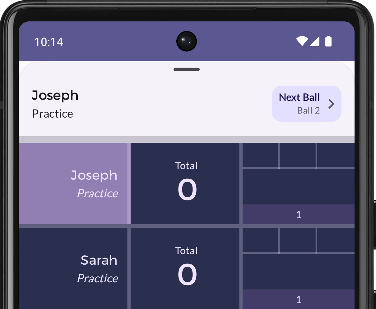 Screenshot of an Android device. The app Approach is open, showing a list of names of bowlers and their scores. Joseph has a score of zero. Sarah also has a score of zero.