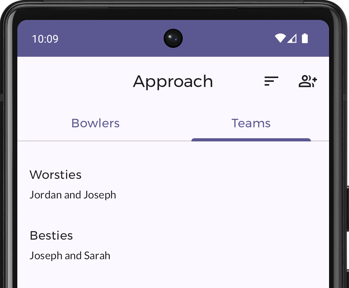 Screenshot of an Android device. The app Approach is open, with two tabs, Bowlers and Teams. Teams is selected. There is a list of teams, Worsties and Besties.