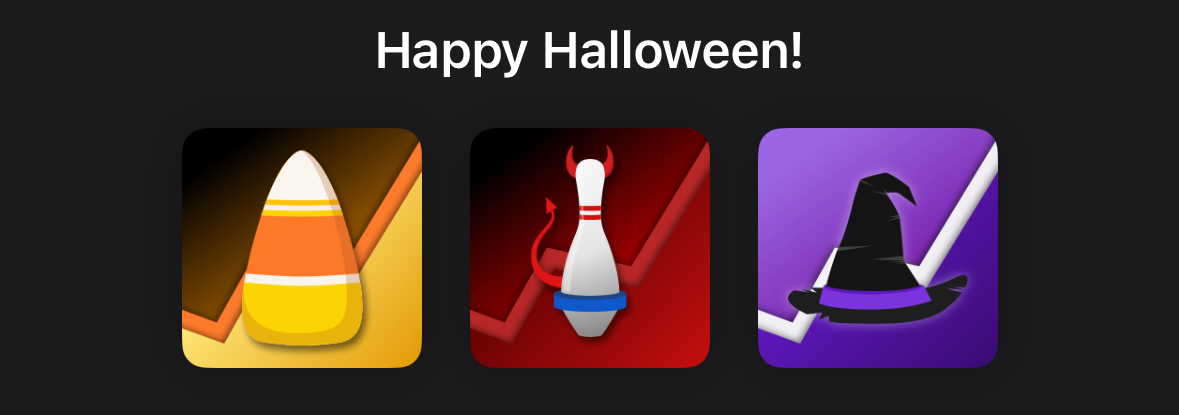 The text "Happy Halloween" and 3 app icons. The first depicts a piece of candy corn in front of a yellow chart. The second is a bowling pin with devil horns and a tail in front of a red chart. The third is a black witch's hat in front of a purple chart.