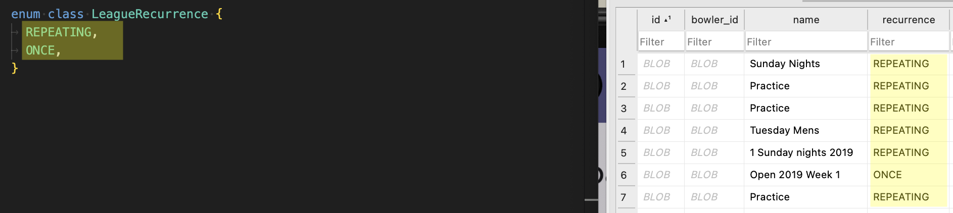 Screenshot of two adjacent windows. The first has a Kotlin enum class definition, Recurrence, and has two values, 'REPEATING' and 'ONCE'. The values are highlighted. The second has a SQLite table definition. The recurrenc column values matching the enum values are highlighted