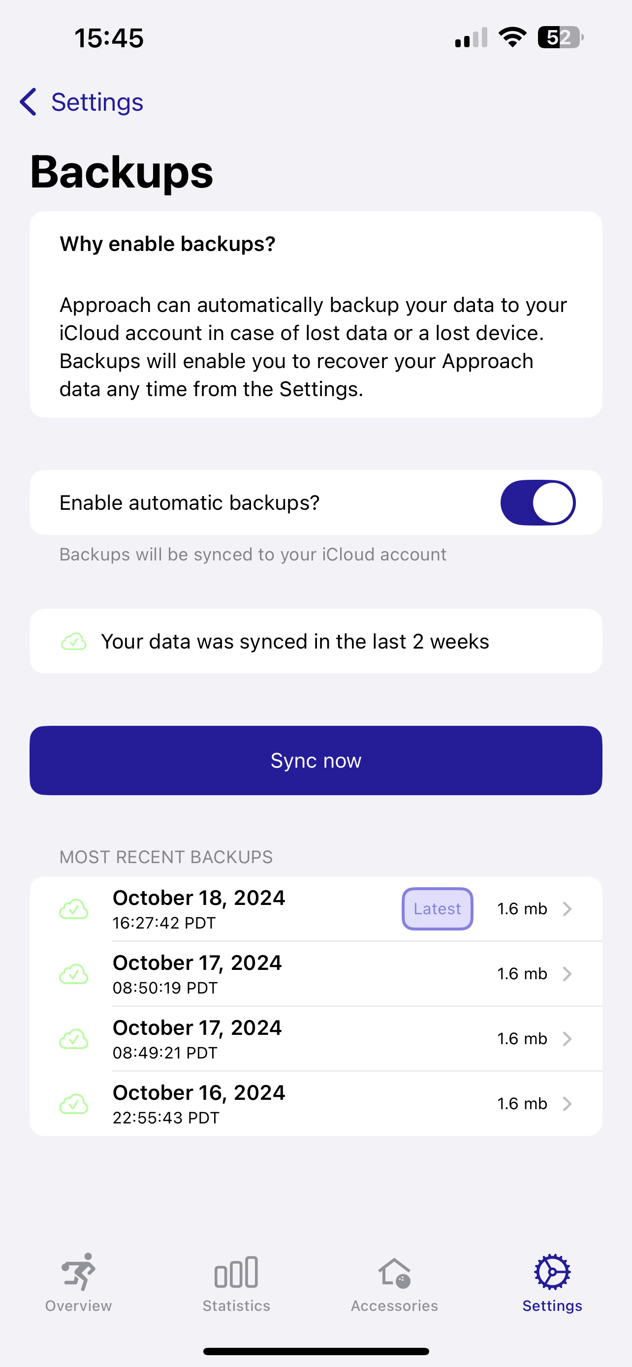 Screenshot of an iPhone. The title of the screen is "Backups". There is a section describing backups, a toggle to enable or disable them, and a list of recent backup dates.