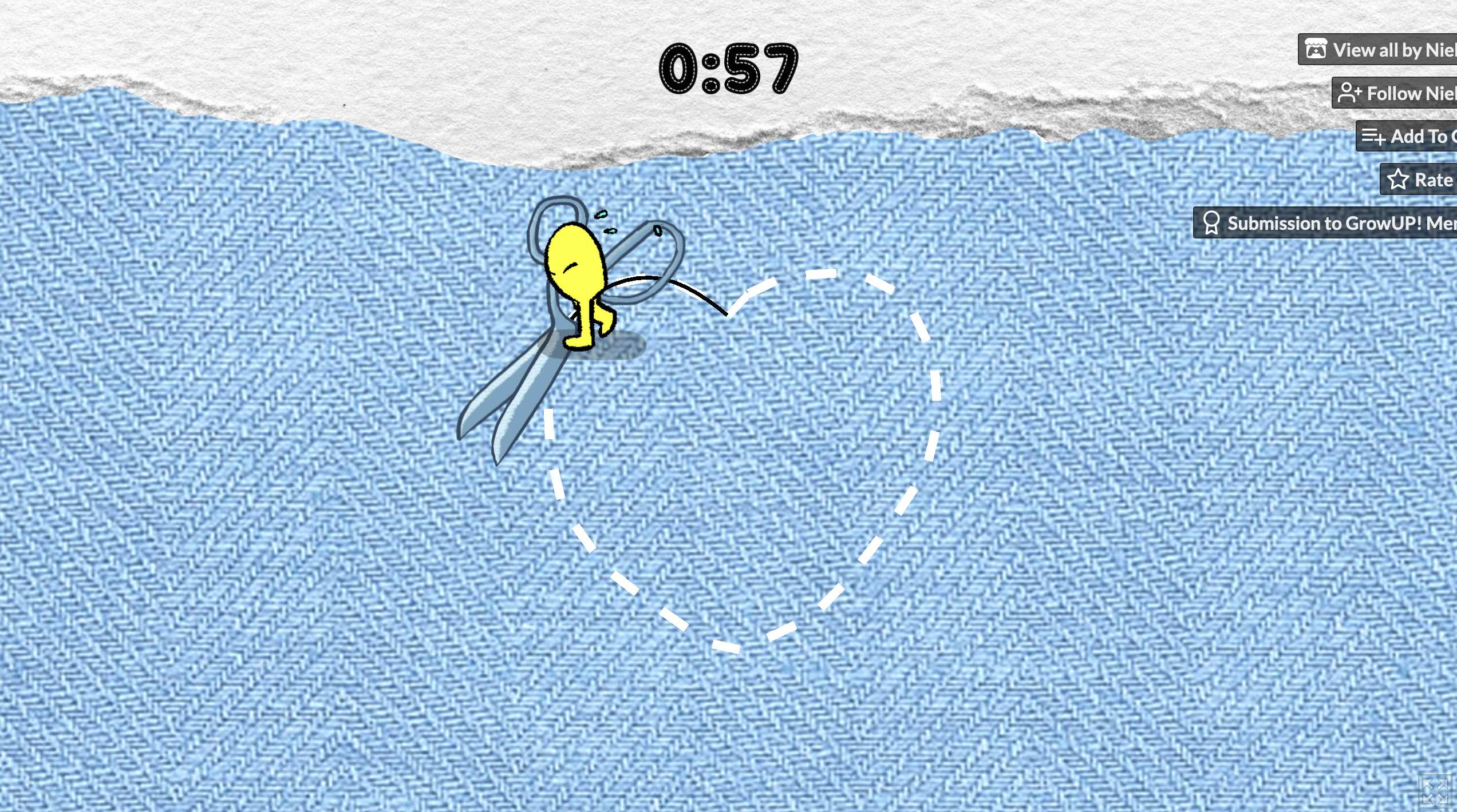 A screenshot of the game. A small yellow character struggles to push a large pair of scissors around a heard shaped cutout. A time counts down with 57 seconds remaining.