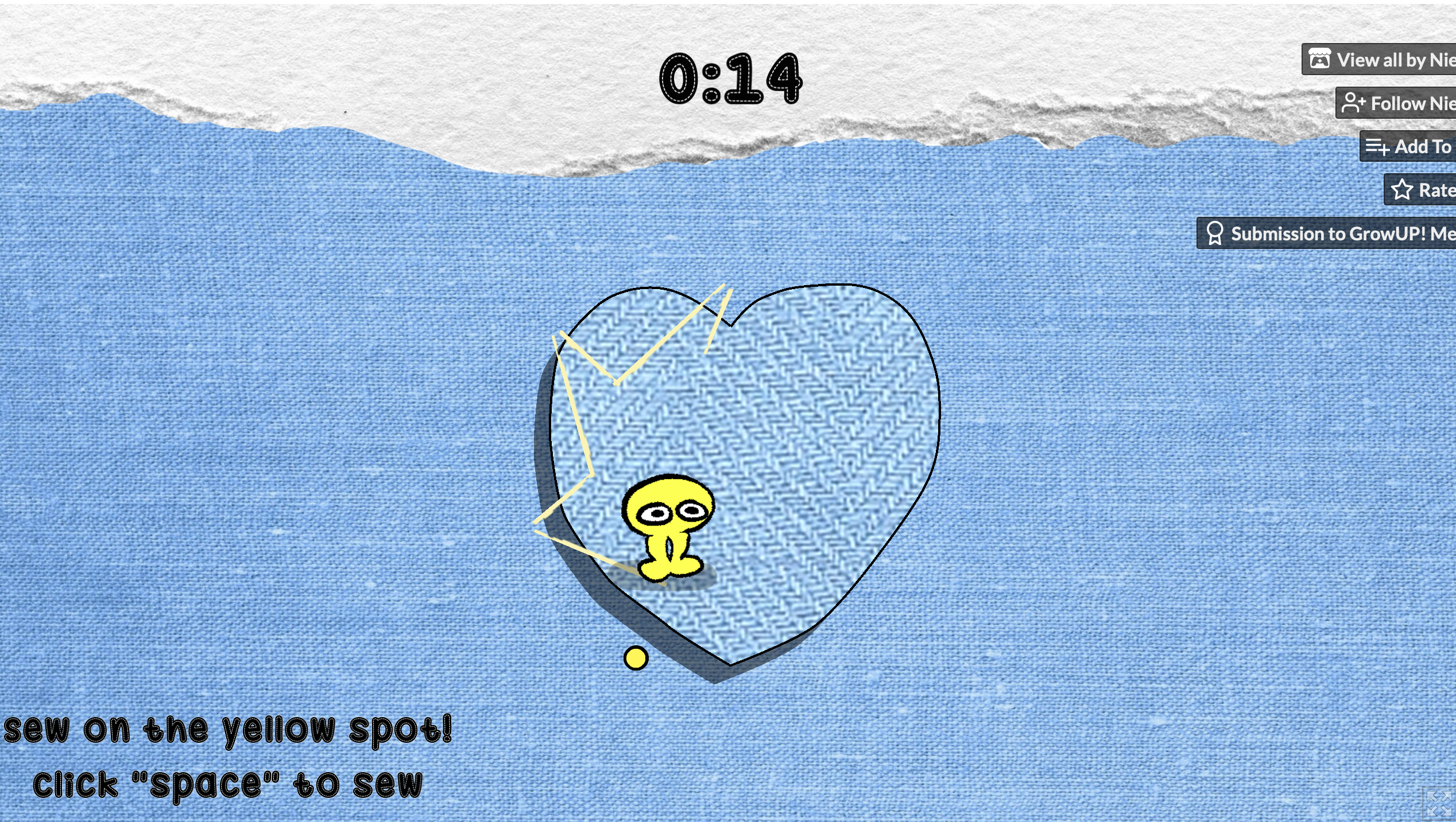 A screenshot of the game. The small yellow character stands above a heart shaped patch, with lines representing thread zigzagging between the patch and the background. A timer counts down with 14 seconds remaining.